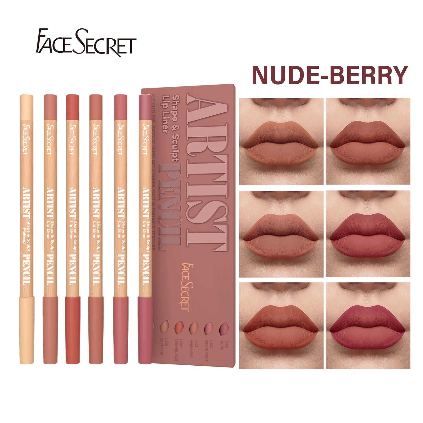 Face Secret Artist Shape Sculpt Lip Liner Pencil Set, schwereloser, präziser Liner mit superweicher, mischbarer Textur, matt, weich