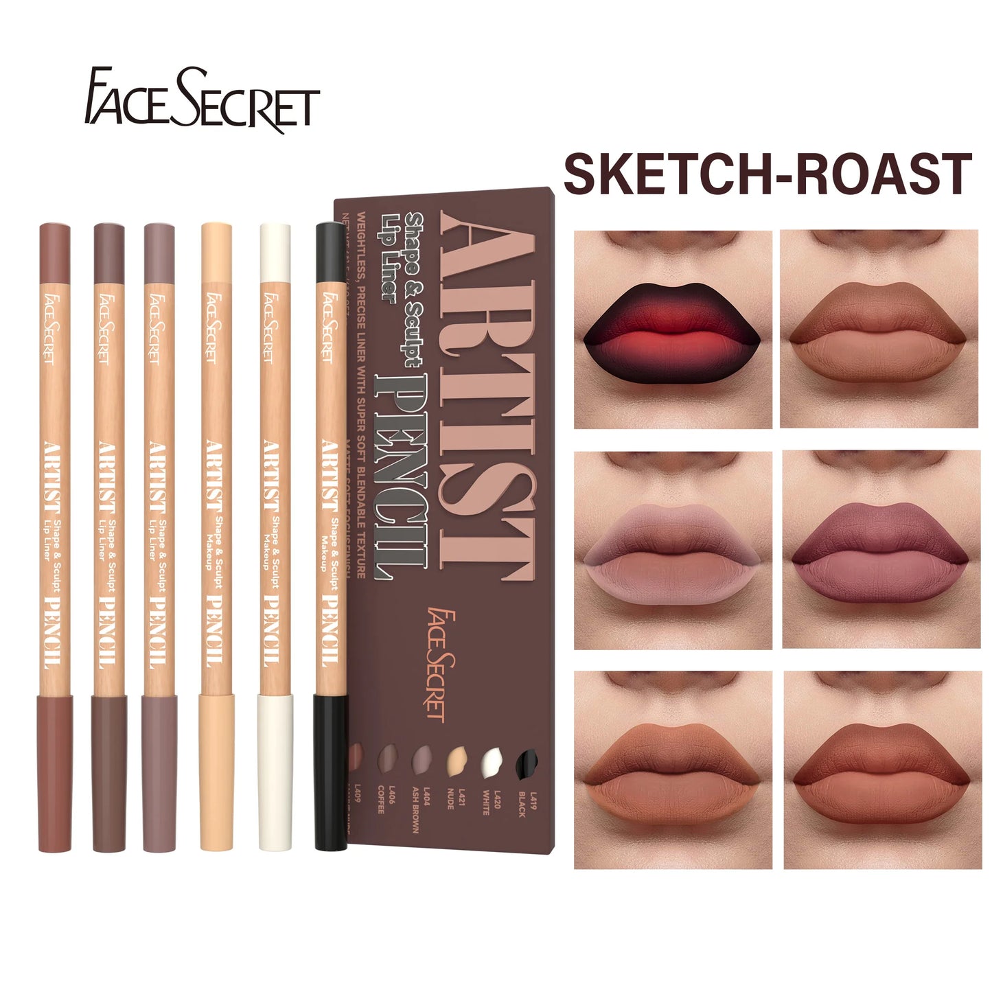 Face Secret Artist Shape Sculpt Lip Liner Pencil Set, schwereloser, präziser Liner mit superweicher, mischbarer Textur, matt, weich